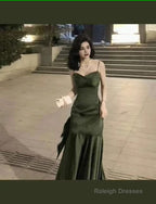 Sexy Mermaid Straps Green Prom Dresses Satin Long Prom Dresses