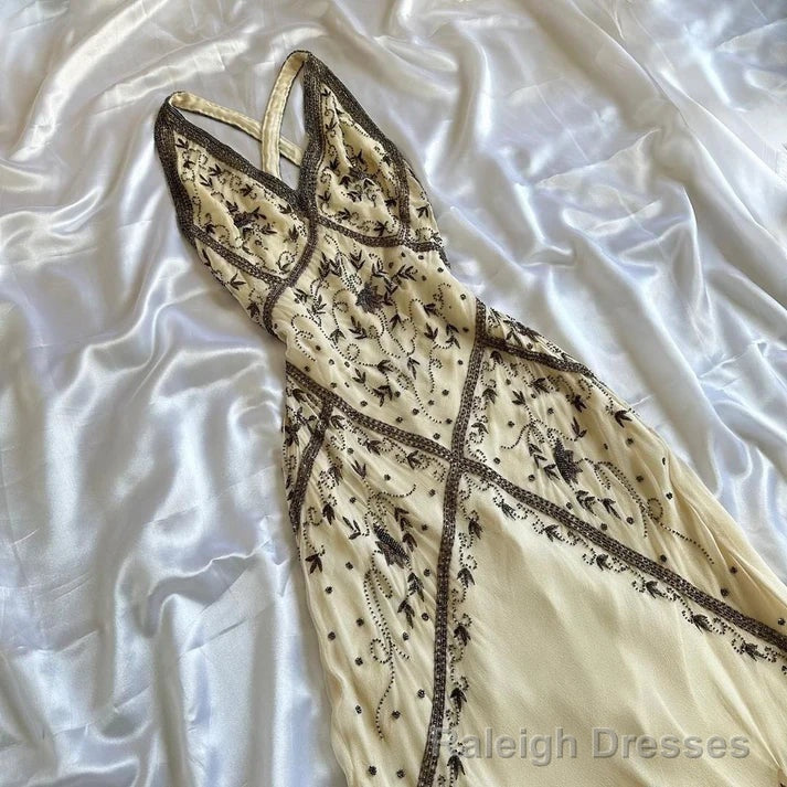 Sexy Mermaid Straps Long Prom Dress Beaded Backless Formal Prom Dress