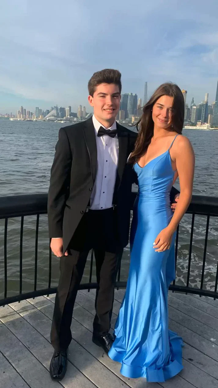 Mermaid Straps Neckline Backles Blue Long Prom Dresses