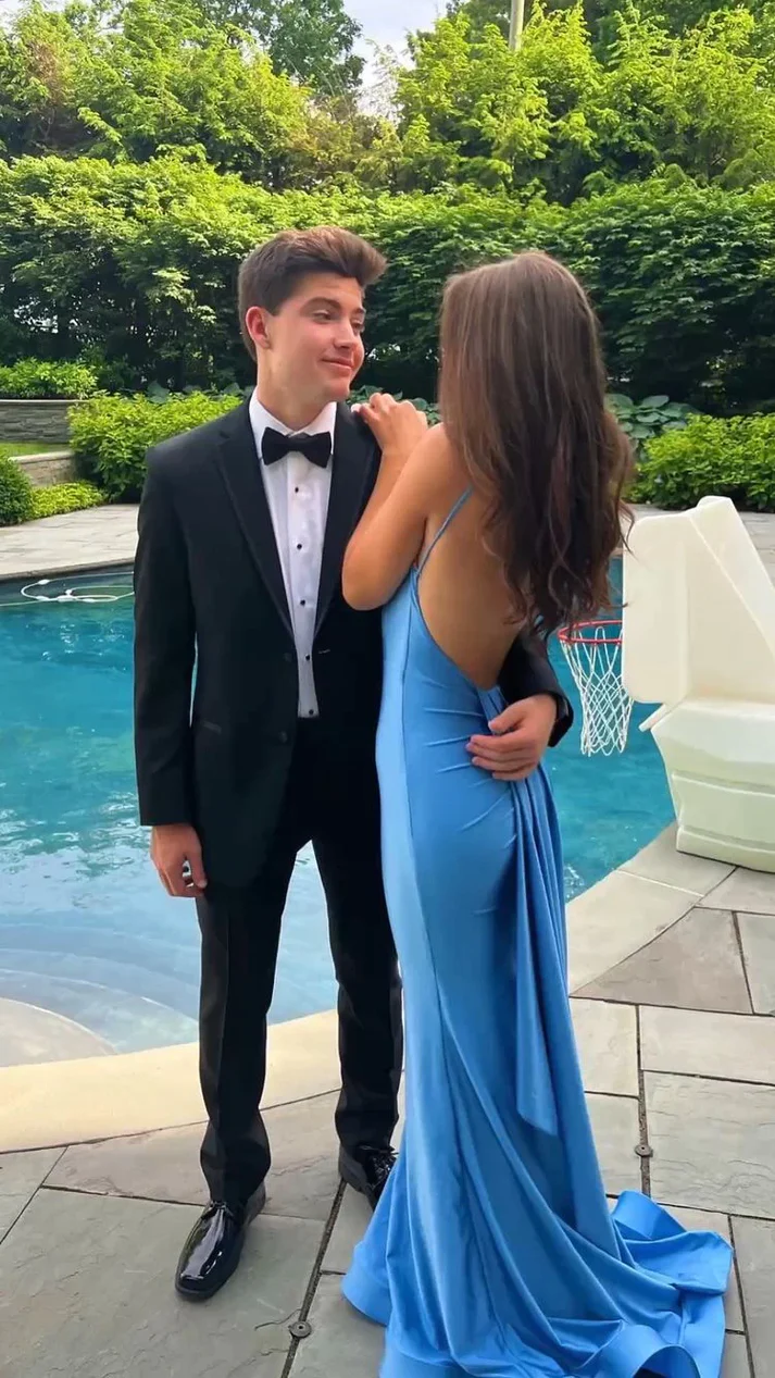 Mermaid Straps Neckline Backles Blue Long Prom Dresses