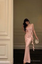 Mermaid Straps Neckline Backless Silk Satin Pink Slit Prom Dress Birthday Outfits