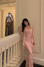 Mermaid Straps Neckline Backless Silk Satin Pink Slit Prom Dress Birthday Outfits