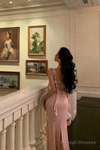 Mermaid Straps Neckline Backless Silk Satin Pink Slit Prom Dress Birthday Outfits