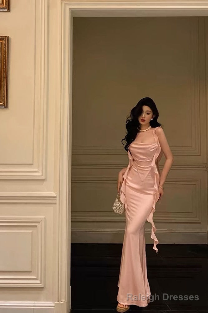 Sexy Mermaid Straps Neckline Backless Silk Satin Pink Slit Prom Dresses Birthday Outfits Main image