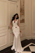 Mermaid Straps White Long Satin Prom Dress Birthday Outfits