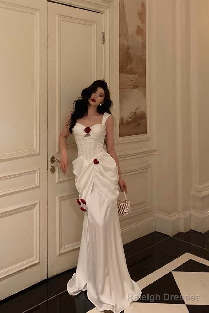 Mermaid Straps White Long Satin Prom Dress Birthday Outfits