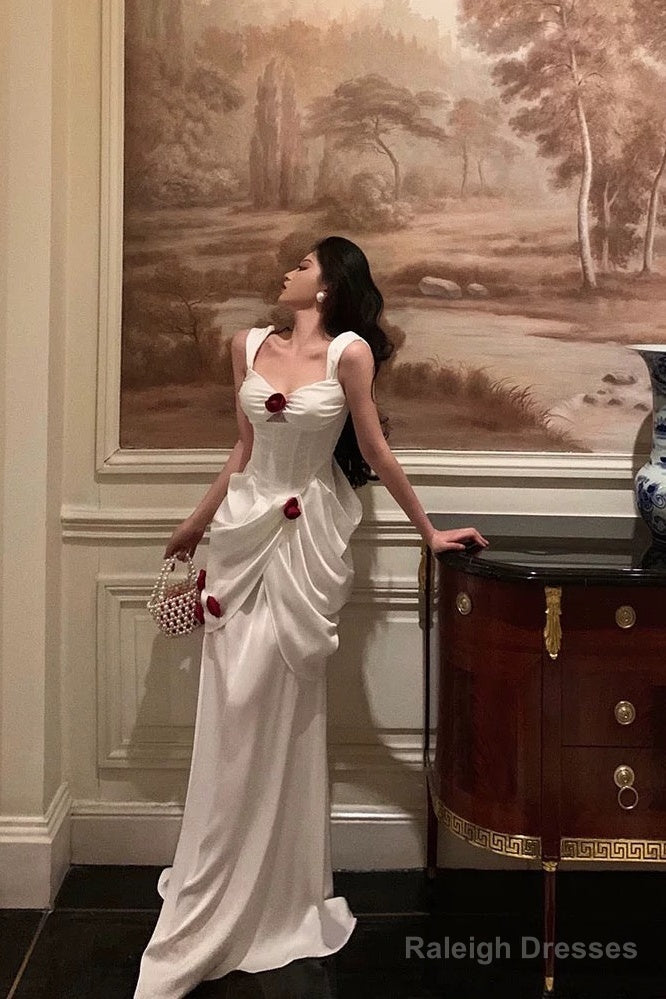 Mermaid Straps White Long Satin Prom Dress Birthday Outfits