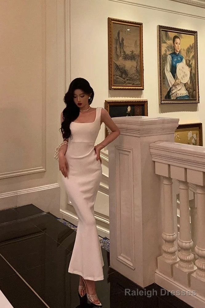 Mermaid Straps White Sleeveless Date Night Dresses Prom Dress Birthday Outfits