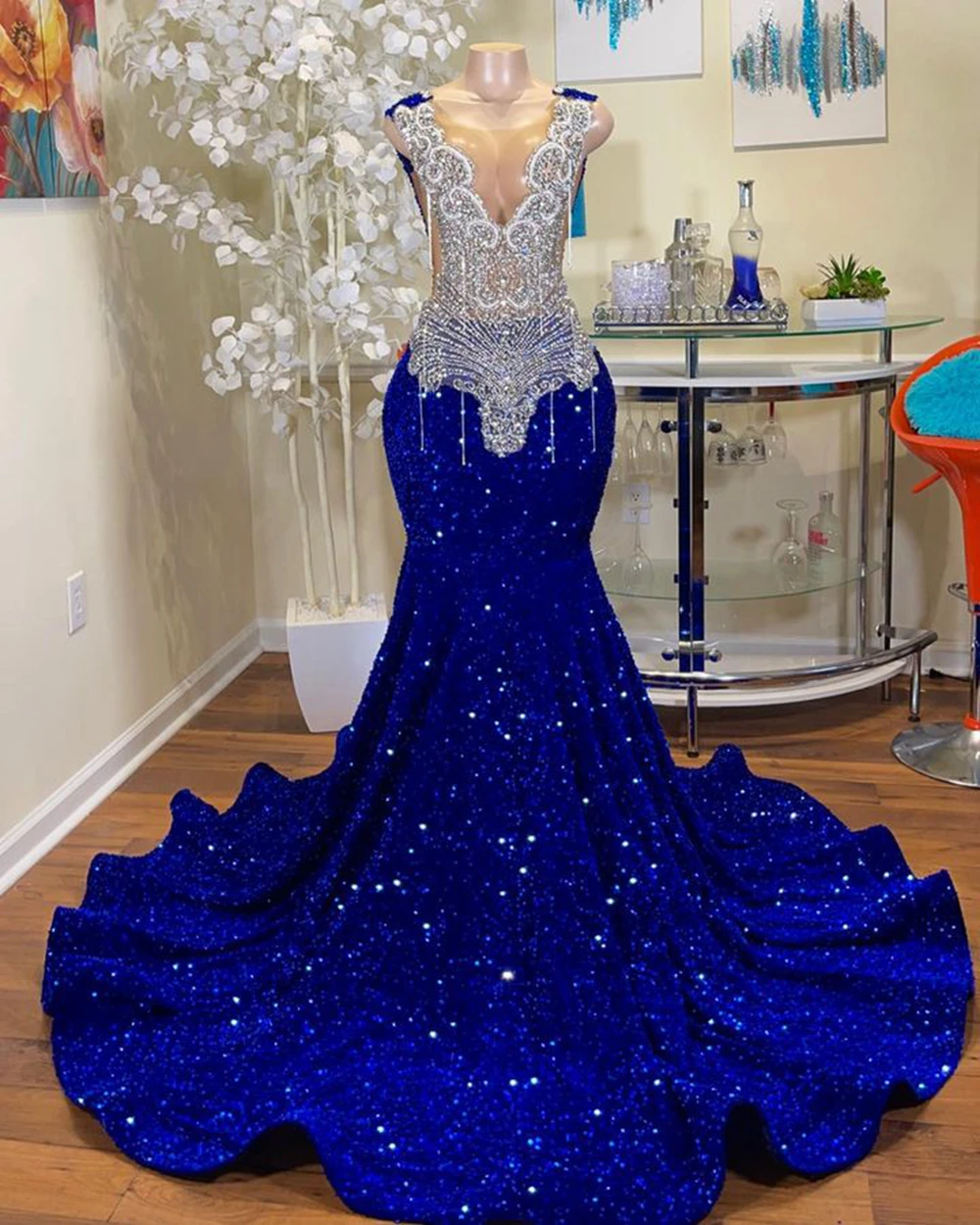 Mermaid Style Sheer Top Luxury Sparkly Silver Crystals Diamond Black Girls Royal Blue Long Prom Dress
