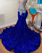 Mermaid Style Sheer Top Luxury Sparkly Silver Crystals Diamond Black Girls Royal Blue Long Prom Dress