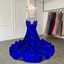 Mermaid Style Sheer Top Luxury Sparkly Silver Crystals Diamond Black Girls Royal Blue Long Prom Dress