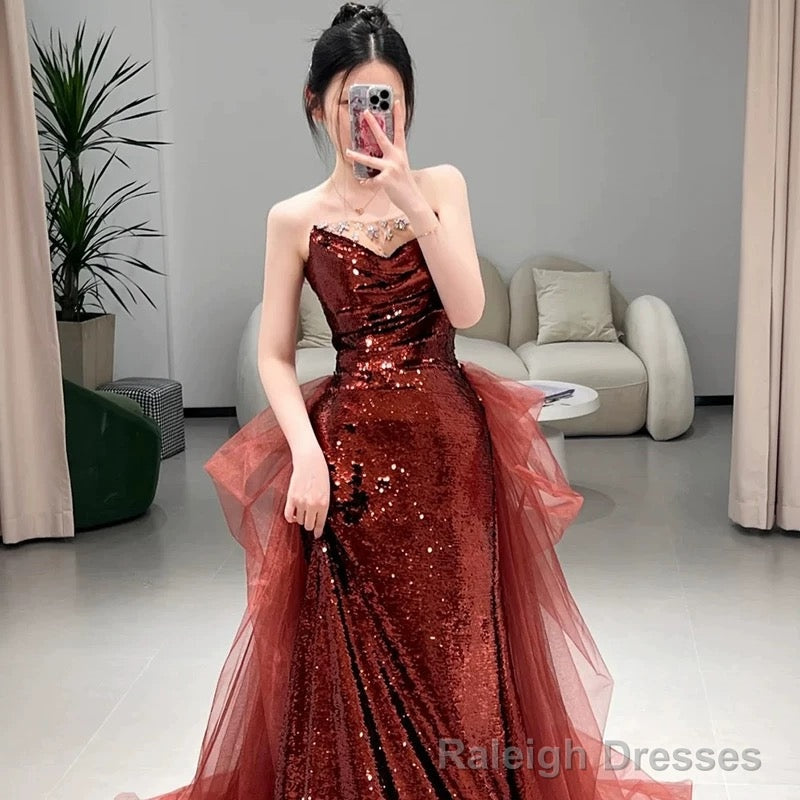 Sexy Mermaid Sweetheart Burgundy Floor Length Prom Dress Sequin Prom Dresses