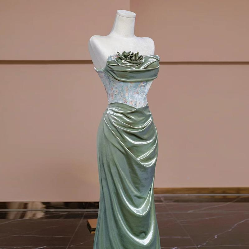 Mermaid Sweetheart Green Long Prom Dresses Satin Prom Dress