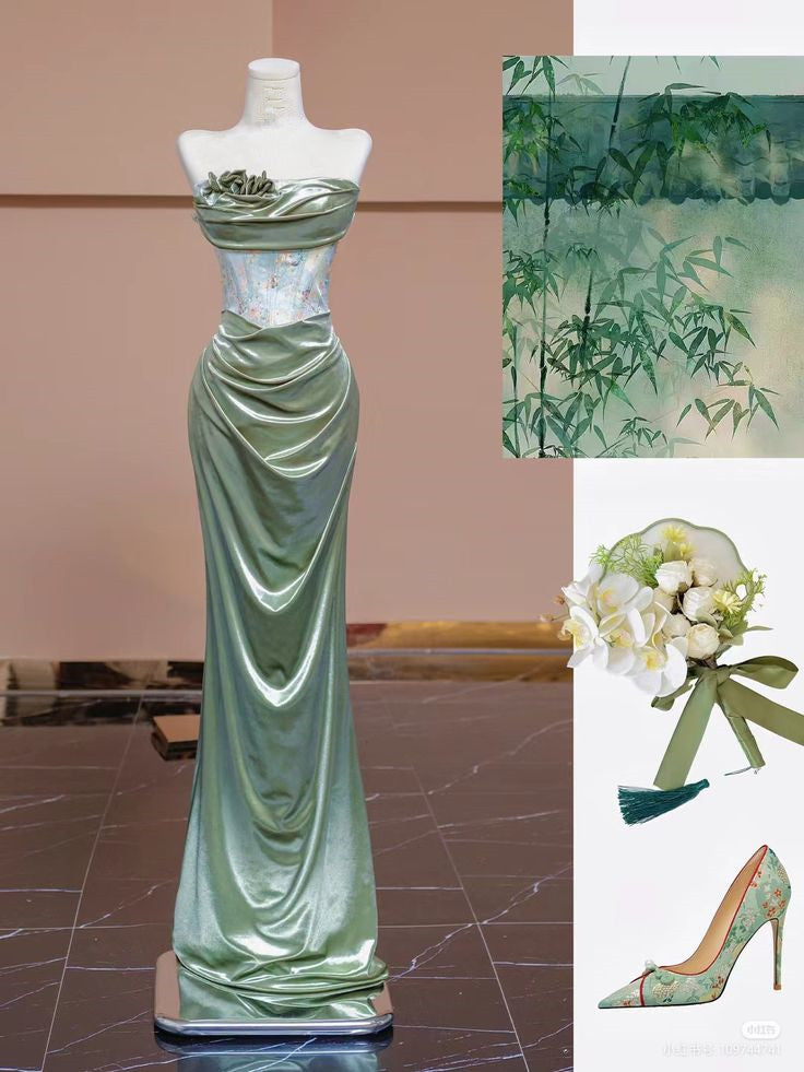 Mermaid Sweetheart Green Long Prom Dresses Satin Prom Dress Main image