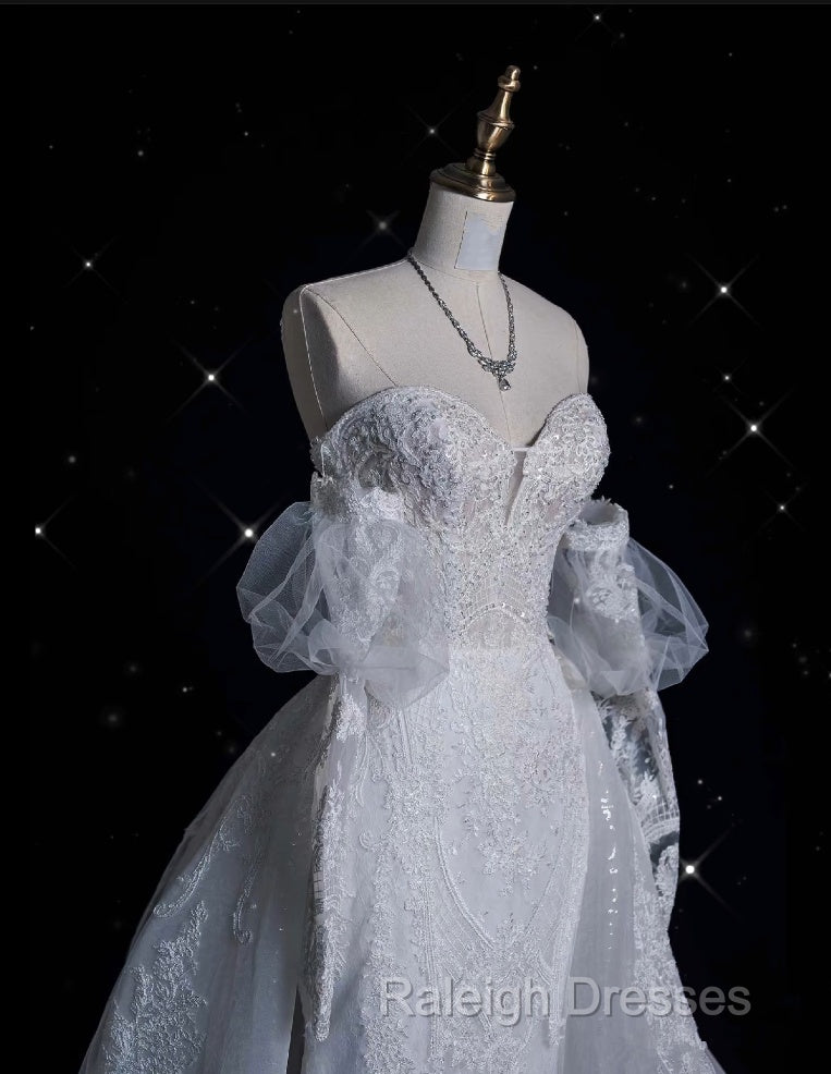 Sexy Mermaid Sweetheart Long Sleeves White Lace Wedding Dresses Brides Dress