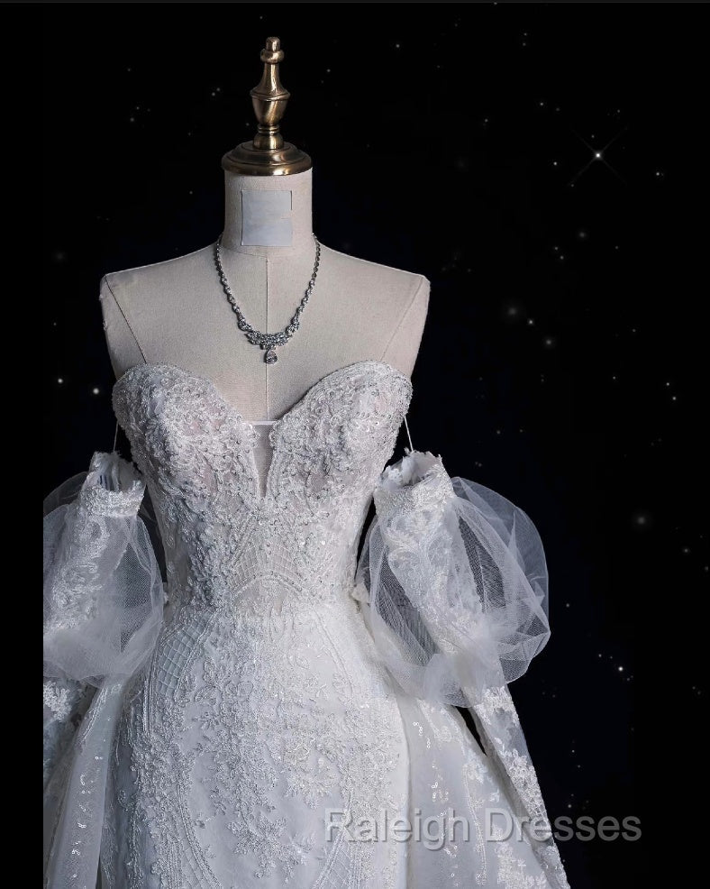 Mermaid Sweetheart Long Sleeves White Lace Wedding Dress Brides Dresses