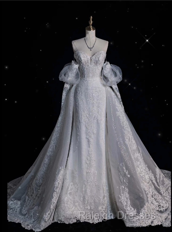 Sexy Mermaid Sweetheart Long Sleeves White Lace Wedding Dresses Brides Dress