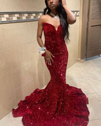Mermaid Sweetheart Neckline Sequin Black Girl Red Prom Gowns Prom Dress