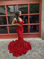 Mermaid Sweetheart Neckline Sequin Black Girl Red Prom Gowns Prom Dress
