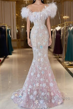 Sexy Mermaid Sweetheart Pink Lace Long Floral Prom Dresses Party Dress