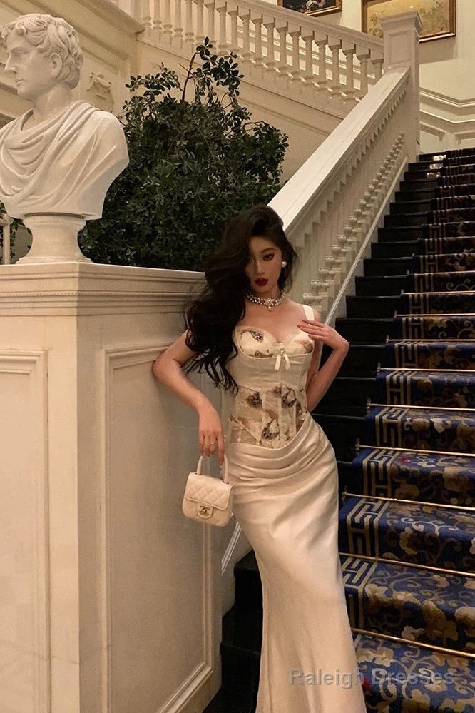 Sexy Mermaid Sweetheart Straps White Floral Long Satin Prom Dresses Birthday Outfits