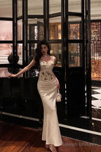 Mermaid Sweetheart Straps White Floral Long Satin Prom Dress Birthday Outfits