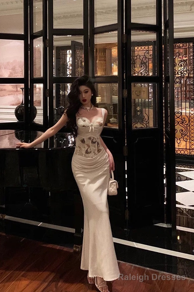 Mermaid Sweetheart Straps White Floral Long Satin Prom Dress Birthday Outfits