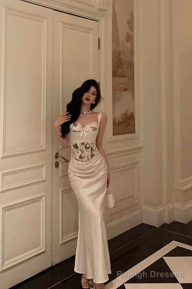 Mermaid Sweetheart Straps White Floral Long Satin Prom Dress Birthday Outfits Main image