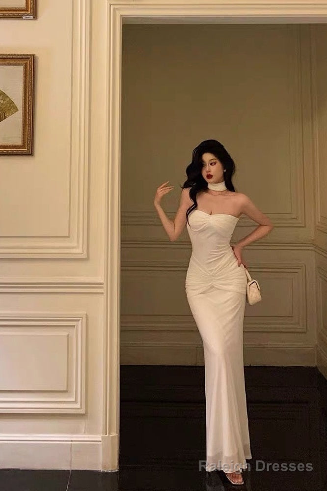 Mermaid Sweetheart White Prom Dress Long Simple Fold Birthday Outfits