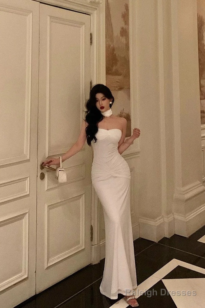 Mermaid Sweetheart White Prom Dress Long Simple Fold Birthday Outfits