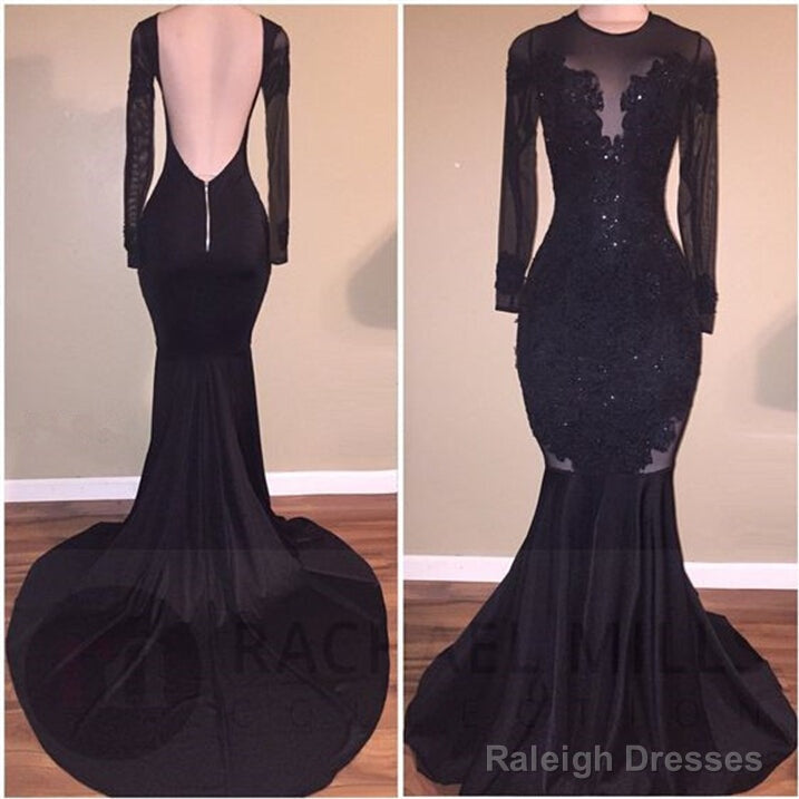 Mermaid Tulle Long-Sleeves Black Prom Dress