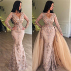 Mermaid V-Neck Long Sleeves Appliqued Prom Dress With Detachable Skirt