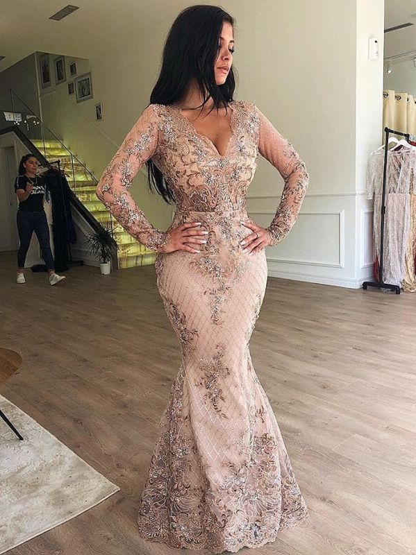 Mermaid V-Neck Long Sleeves Appliqued Prom Dress With Detachable Skirt