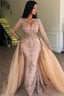 Mermaid V-Neck Long Sleeves Appliqued Prom Dress With Detachable Skirt