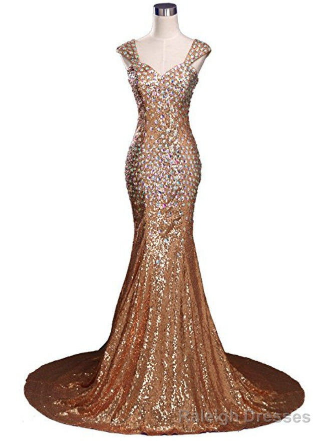 Sexy Mermaid V Neck Sequins Crystal Floor Length Prom Dress