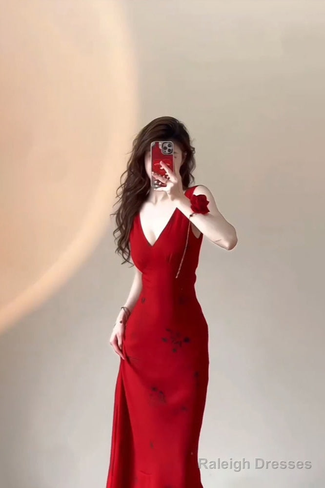 Mermaid V Neckline Christmas Dresses Red Satin Prom Dress Birthday Outfits