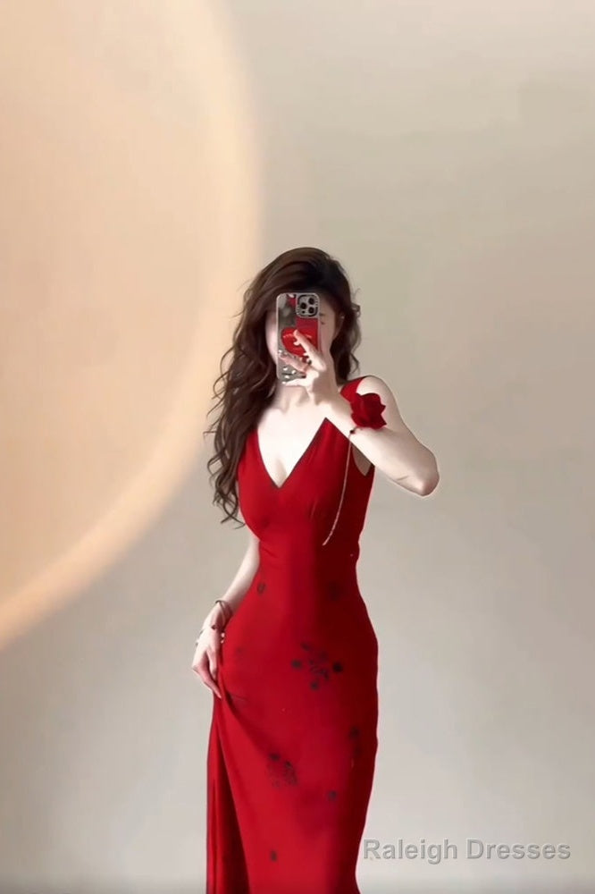 Mermaid V Neckline Christmas Dresses Red Satin Prom Dress Birthday Outfits