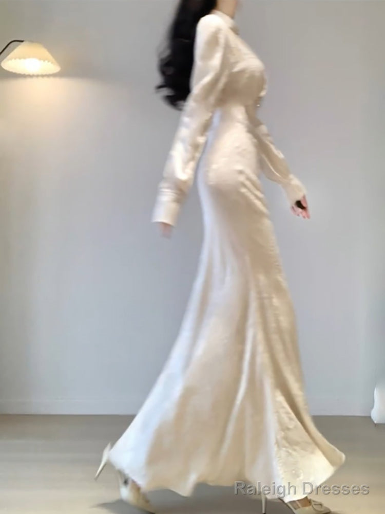 Mermaid V Neckline Long Sleeves White Prom Dress Night Dresses Birthday Outfits