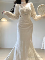 Mermaid V Neckline Long Sleeves White Prom Dress Night Dresses Birthday Outfits