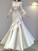 Mermaid V Neckline Long Sleeves White WomenS Beach Dresses Vacation Dress Birthday Dresses
