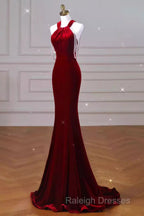 Mermaid Velvet Prom Dress Red Prom Dress