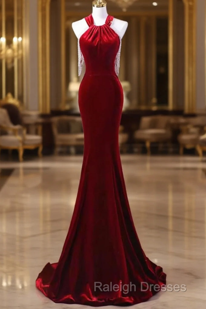 Mermaid Velvet Prom Dress Red Prom Dress