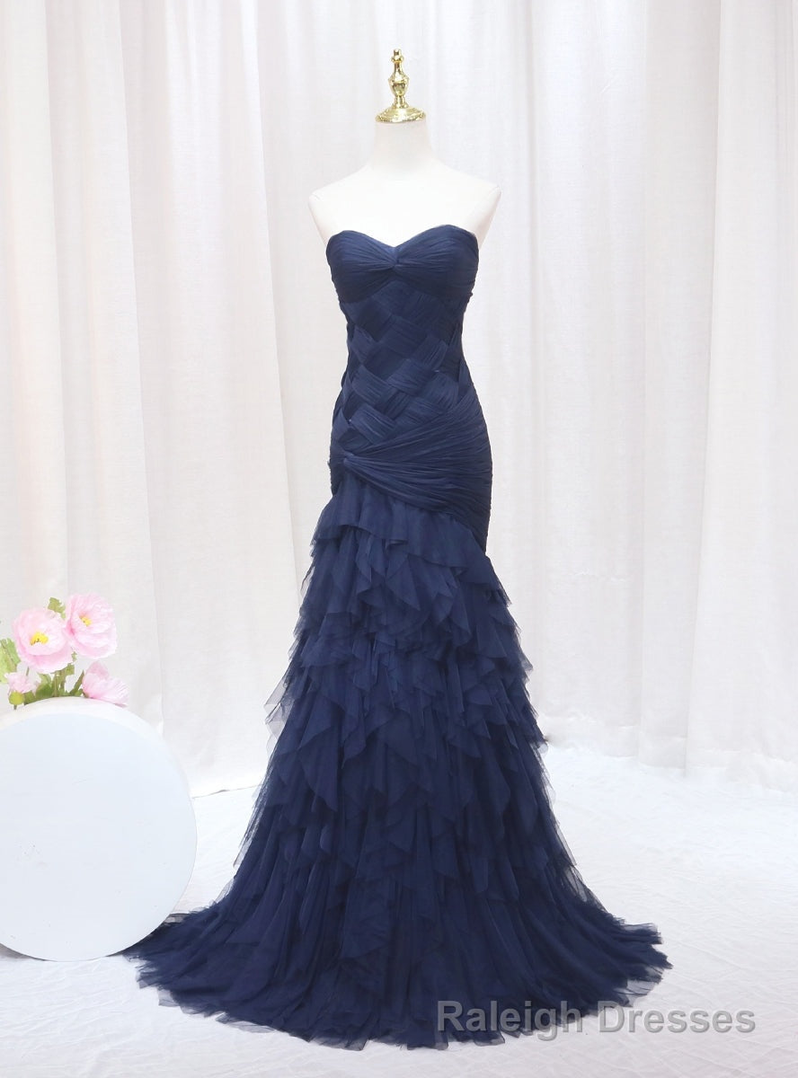 Sexy Navy Blue Mermaid Tulle Strapless Pleats Prom Dress Main image