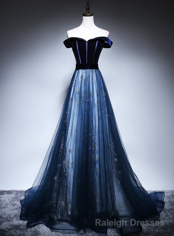 Sexy Navy Blue Tulle Velvet Off the Shoulder Prom Dress