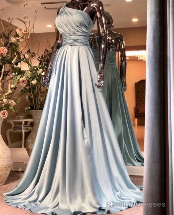 Sexy One Shoulder Long Silver Prom Dress Satin Pleats A Line Floor Length Formal Women Dresses