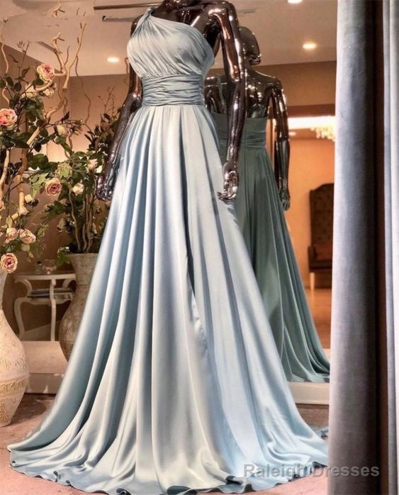 One Shoulder Long Silver Prom Dresses Satin Pleats A-Line Floor Length Prom Women Dress