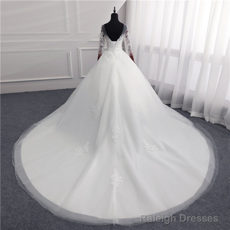 Sexy Open Back Lace Ball Gown Wedding Dresses Appliques Sleeves