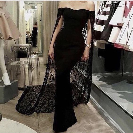 Black Noble And Elegant Mermaid Slim Lace Cape Elegant Long Floor-Length Trailing Ball Gowns Prom Dresses Prom Dresses