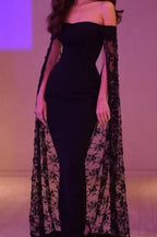 Black Noble And Elegant Mermaid Slim Lace Cape Elegant Long Floor-Length Trailing Ball Gown Evening Dress Party Dress