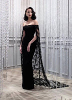Black Noble And Elegant Mermaid Slim Lace Cape Elegant Long Floor-Length Trailing Ball Gowns Prom Dresses Prom Dresses